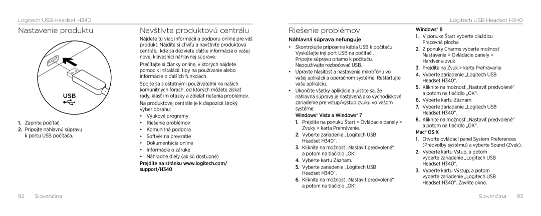 Logitech H340 setup guide Nastavenie produktu Navštívte produktovú centrálu, Riešenie problémov 