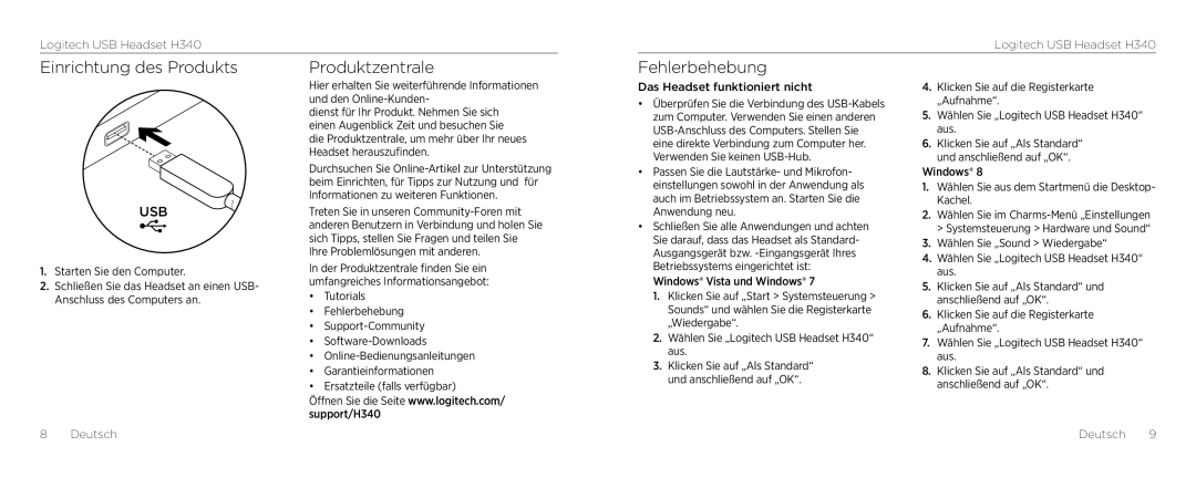 Logitech H340 setup guide Einrichtung des Produkts Produktzentrale, Fehlerbehebung 