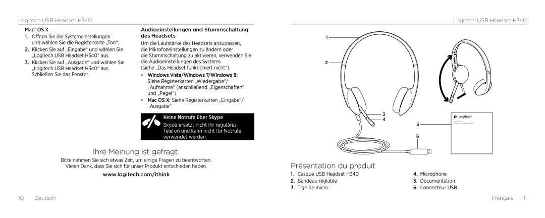 Logitech H340 setup guide Ihre Meinung ist gefragt, Présentation du produit, Français 11 