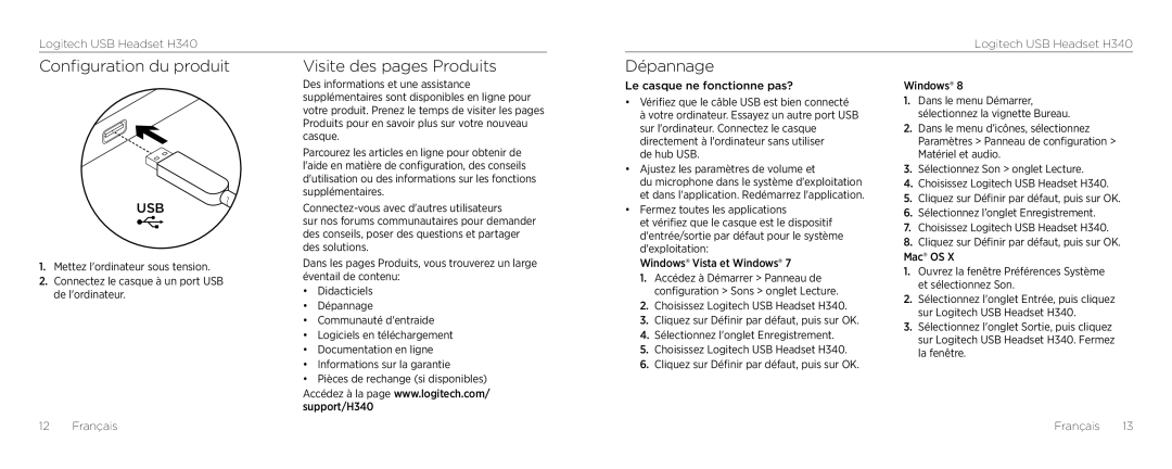 Logitech H340 setup guide Configuration du produit Visite des pages Produits, Dépannage 