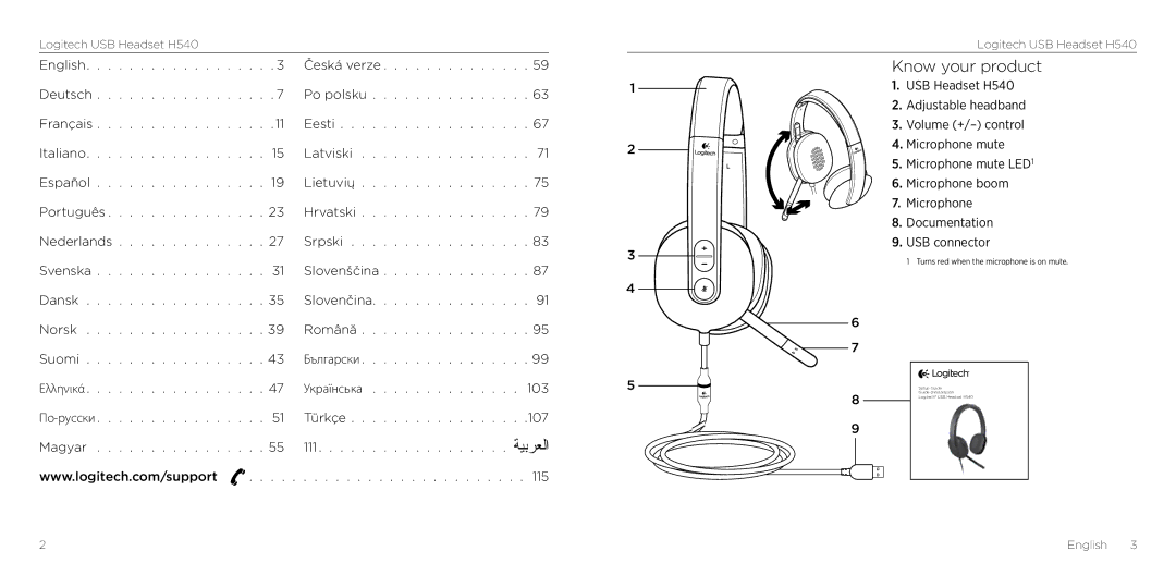 Logitech H540 setup guide Know your product, 115 