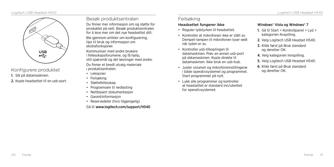 Logitech H540 setup guide Norsk Norsk 41 