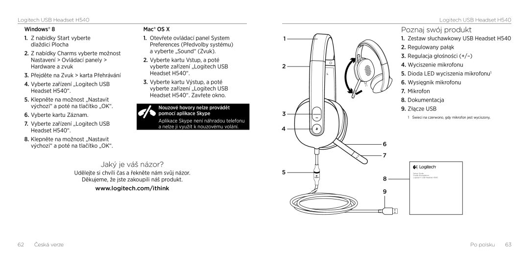 Logitech H540 setup guide Poznaj swój produkt, Jaký je váš názor? 