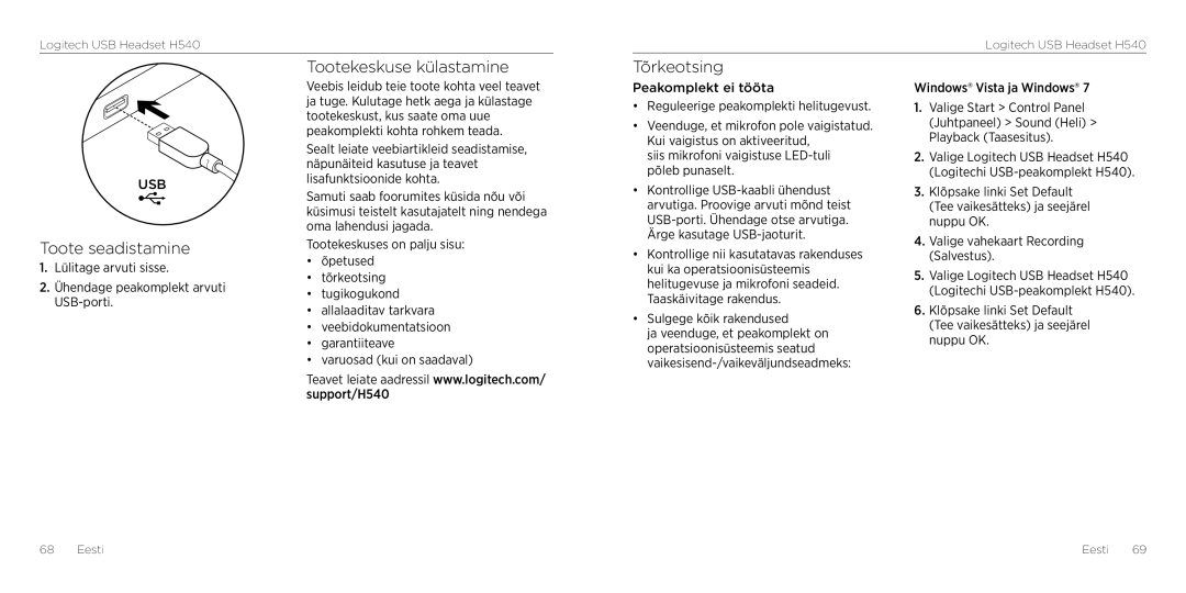 Logitech H540 setup guide Tootekeskuse külastamine, Tõrkeotsing, Toote seadistamine, Sulgege kõik rakendused 