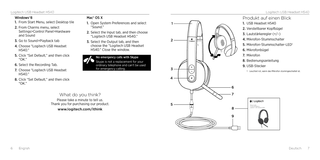 Logitech H540 setup guide Produkt auf einen Blick, What do you think? 