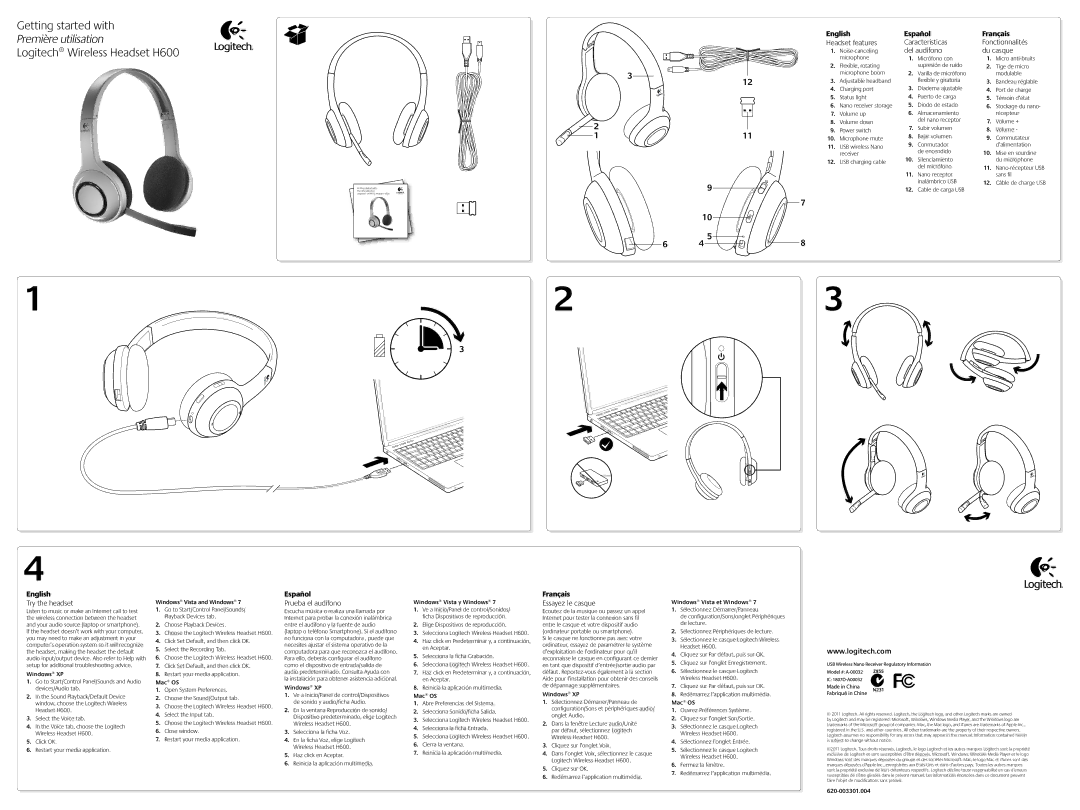 Logitech H600 manual Headset features Características, Del audífono Du casque, Try the headset, Prueba el audífono 