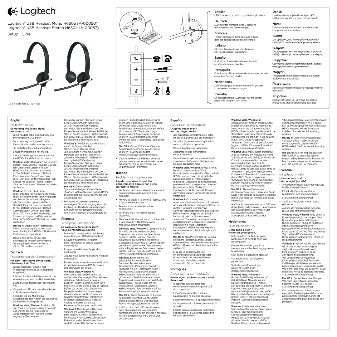 Logitech H650e setup guide English, Deutsch, Français, Italiano, Español, Português, Nederlands, Svenska, Norsk, Suomi 