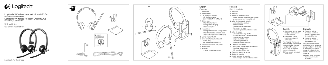 Logitech setup guide Logitech Wireless Headset Mono H820e, Logitech Wireless Headset Dual H820e 