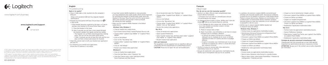 Logitech H820e setup guide English Troubleshooting, Français Dépannage, 620-004917.009, Place the headset in the base 