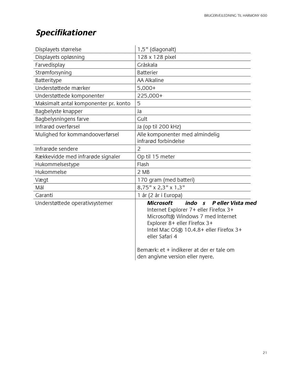 Logitech Harmony 600 user manual Specifikationer 