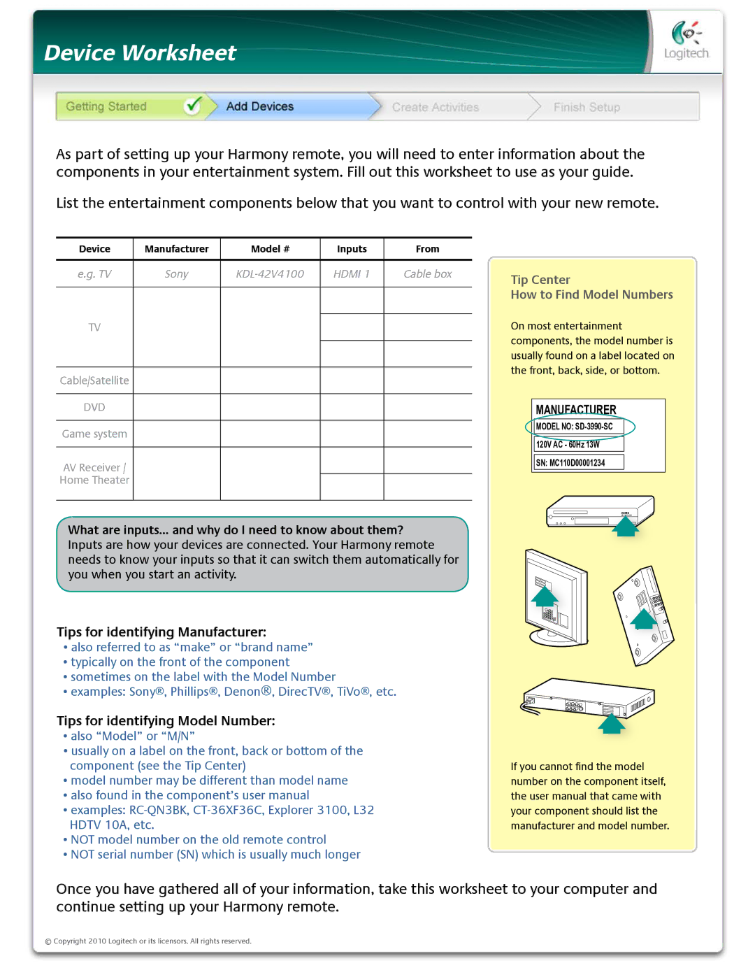 Logitech SD-3990-SC, HARMONY650N user manual Device Worksheet 