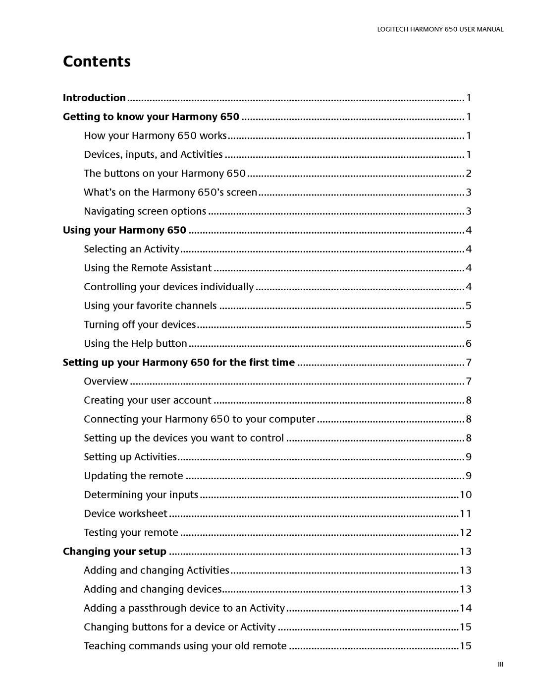 Logitech SD-3990-SC, HARMONY650N user manual Contents 