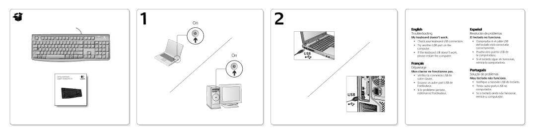 Logitech K120 manual Usb, English, Français, Español, Português 