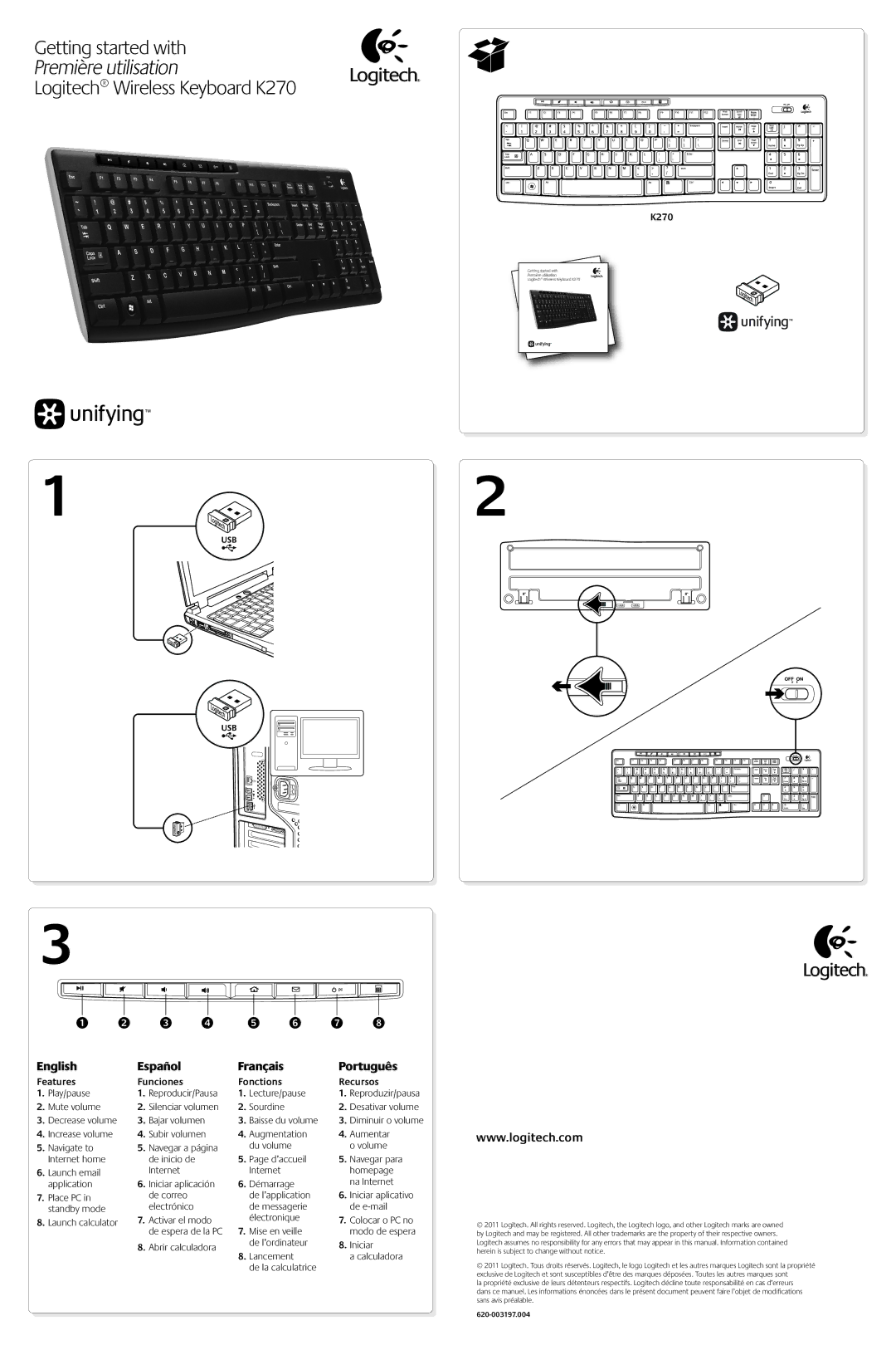 Logitech K270 manual Features Funciones Fonctions Recursos 