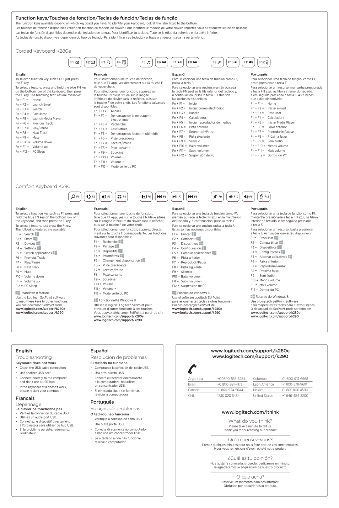 Logitech K28Oe Corded Keyboard K280e, Comfort Keyboard K290, English Troubleshooting, Français Dépannage, Que acha? 