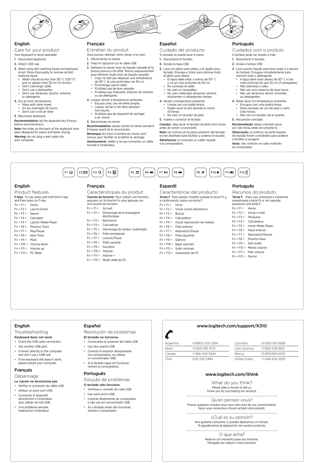 Logitech K310 English Care for your product, Français Entretien du produit, Español Cuidado del producto, Que acha? 