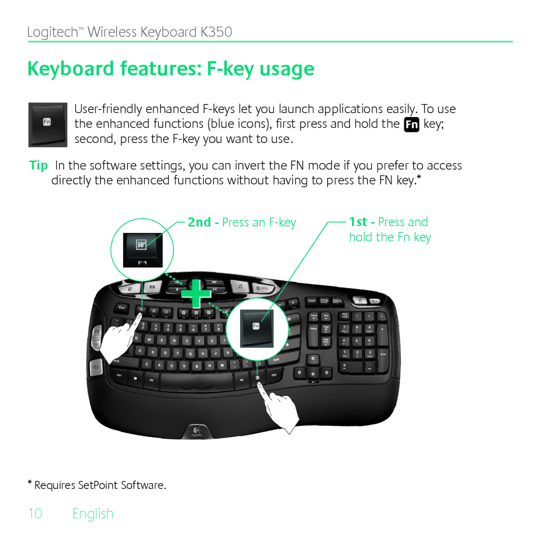 Logitech K350 manual Keyboard features F-key usage 