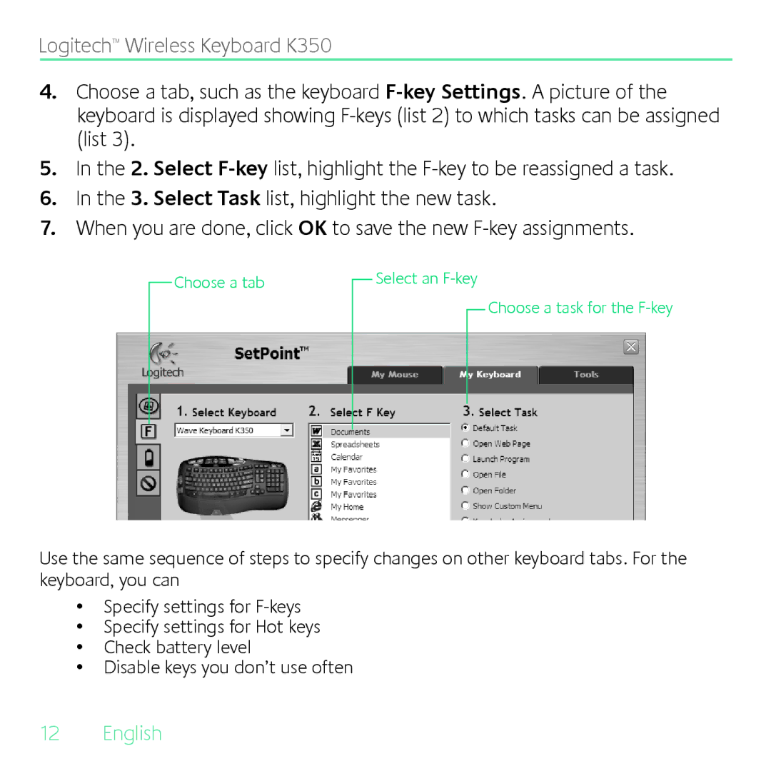 Logitech K350 manual Choose a tab Select an F-key Choose a task for the F-key 