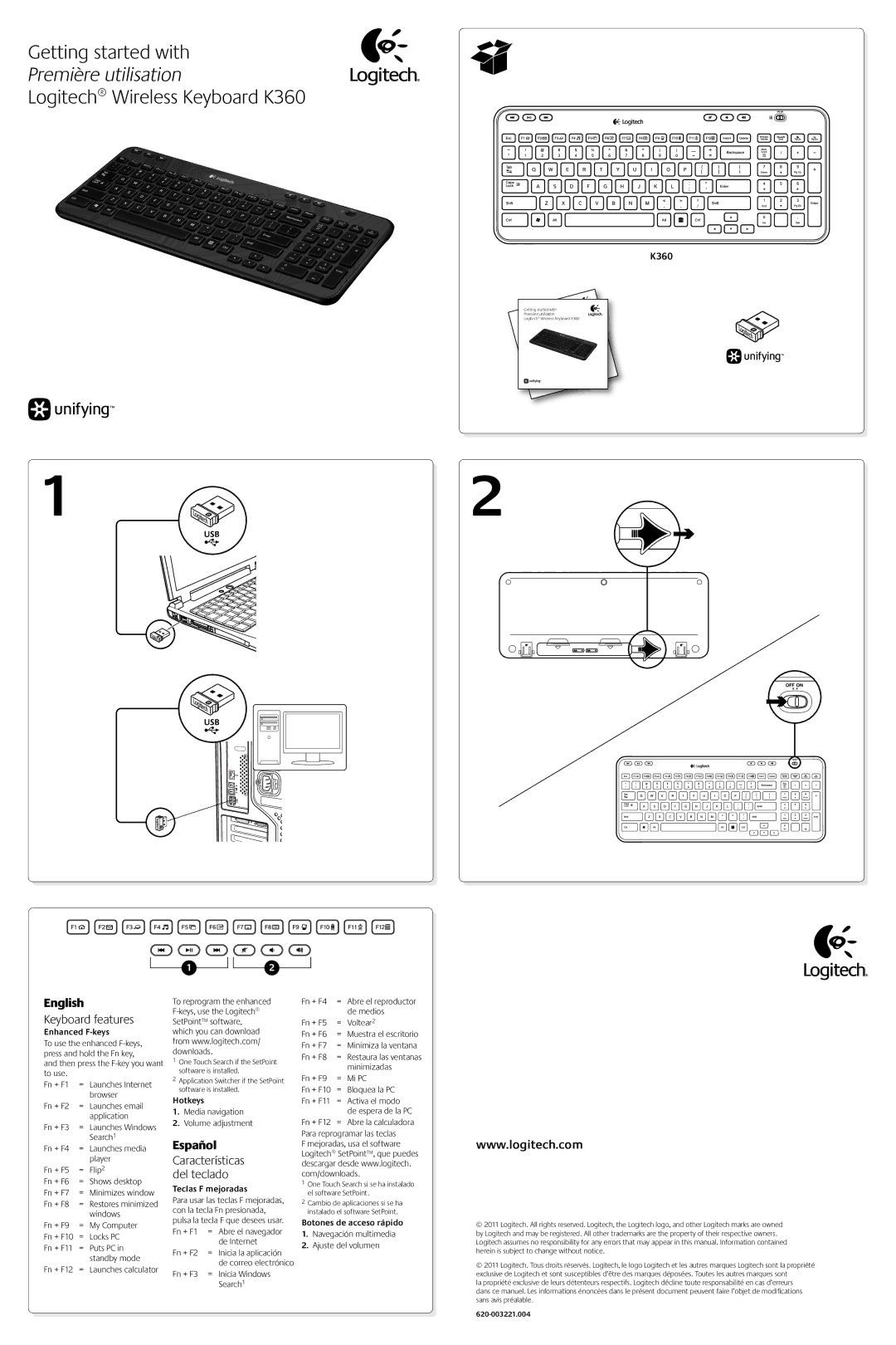 Logitech K360 manual English, Keyboard features, Enhanced F-keys, Botones de acceso rápido 