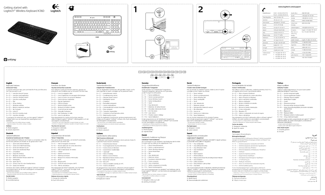 Logitech K360 manual Español, Nederlands, Svenska, Dansk, Norsk, Suomi, Português, Ελληνικά, Türkçe 