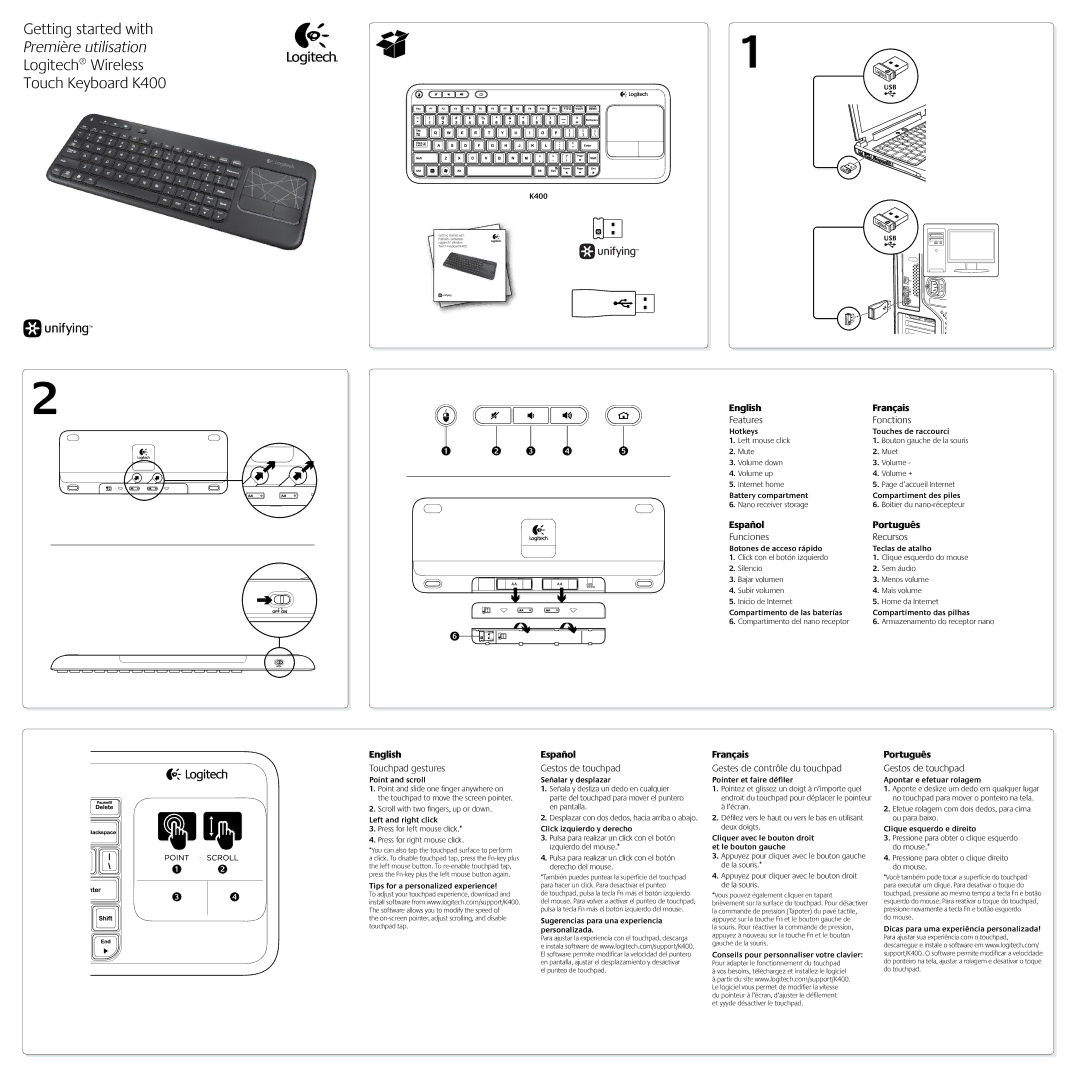 Logitech K400 manual Touchpad gestures, Gestos de touchpad, Gestes de contrôle du touchpad 