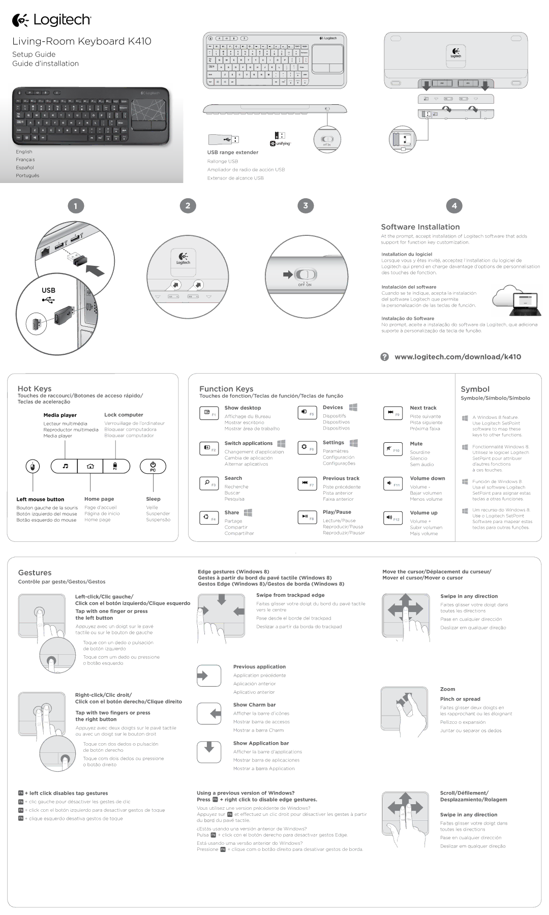 Logitech K410 setup guide Software Installation, Hot Keys, Function Keys, Symbol, Gestures 