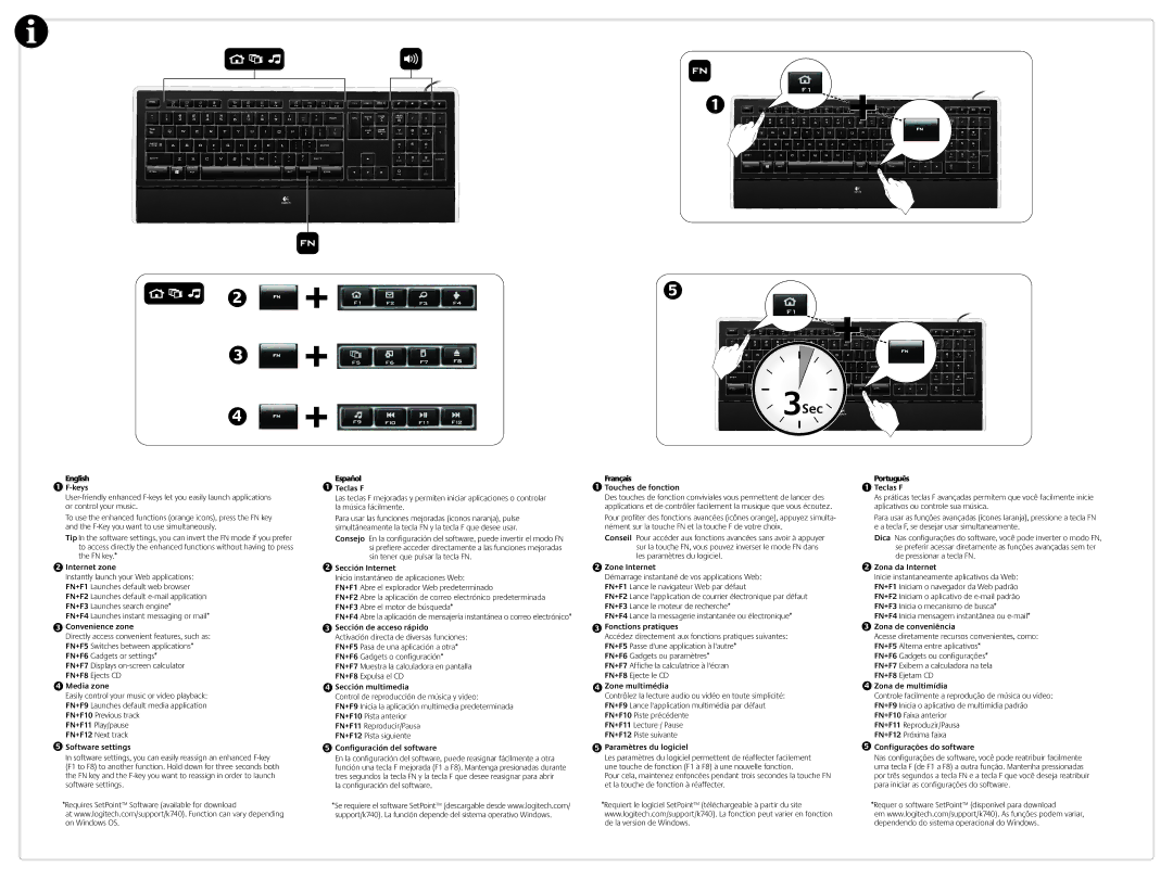 Logitech K740 setup guide English Keys, Internet zone, Convenience zone, Media zone, Software settings, Español Teclas F 