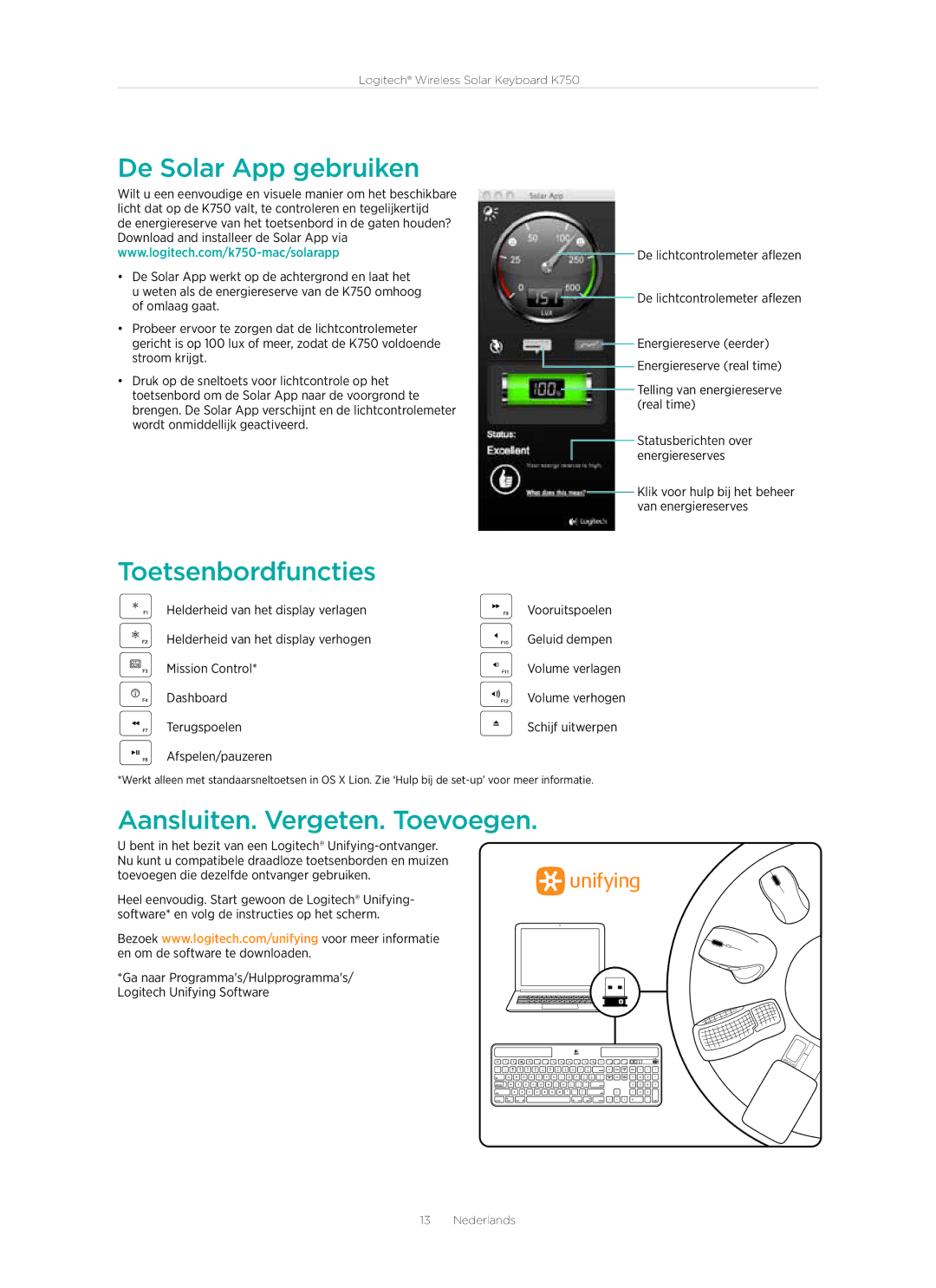 Logitech K750 manual De Solar App gebruiken, Toetsenbordfuncties, Aansluiten. Vergeten. Toevoegen 