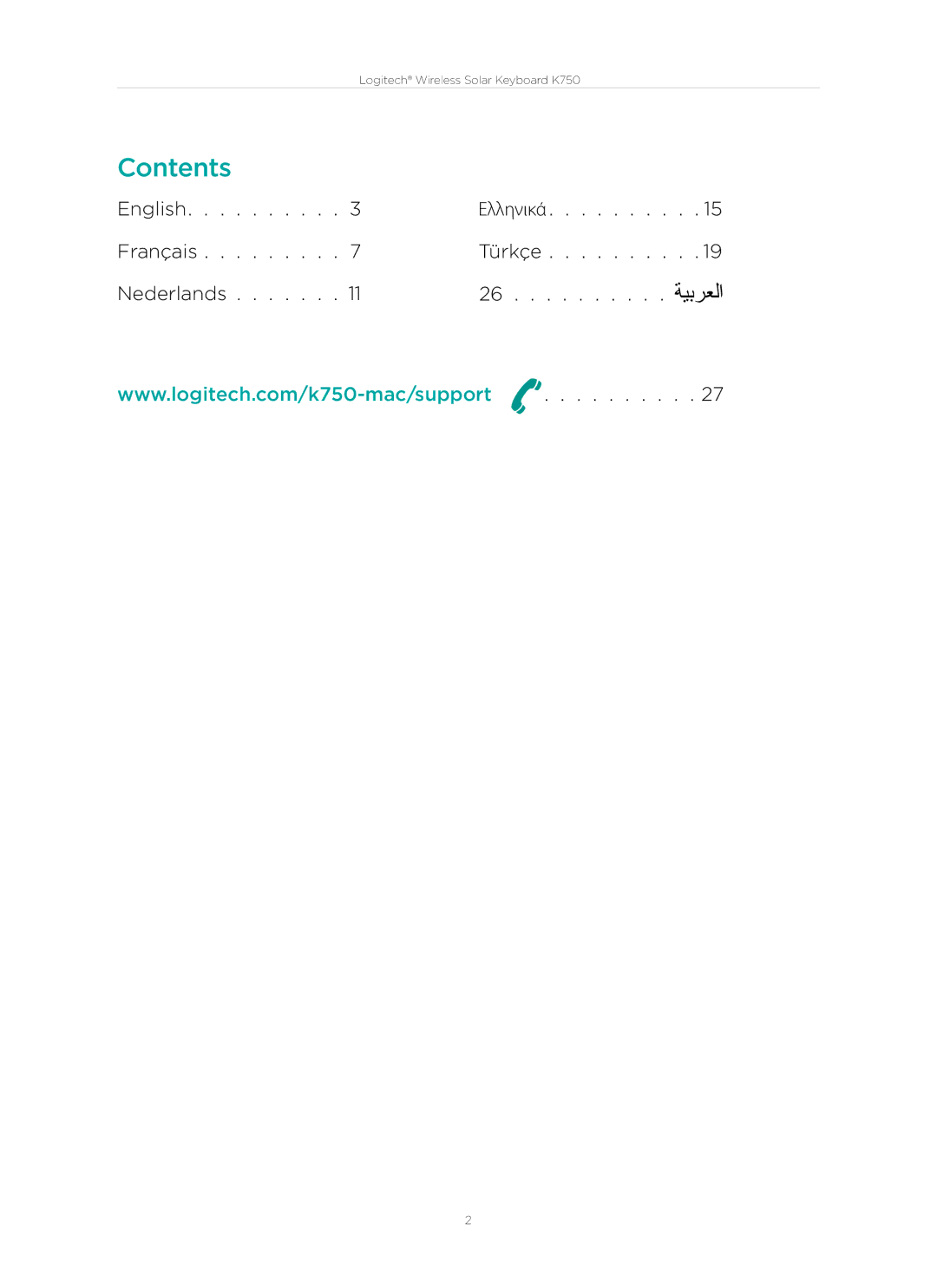 Logitech K750 manual Contents 