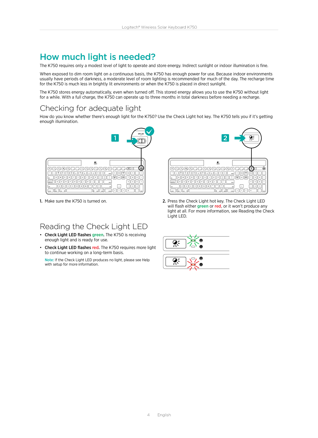 Logitech K750 manual How much light is needed?, Checking for adequate light, Reading the Check Light LED 