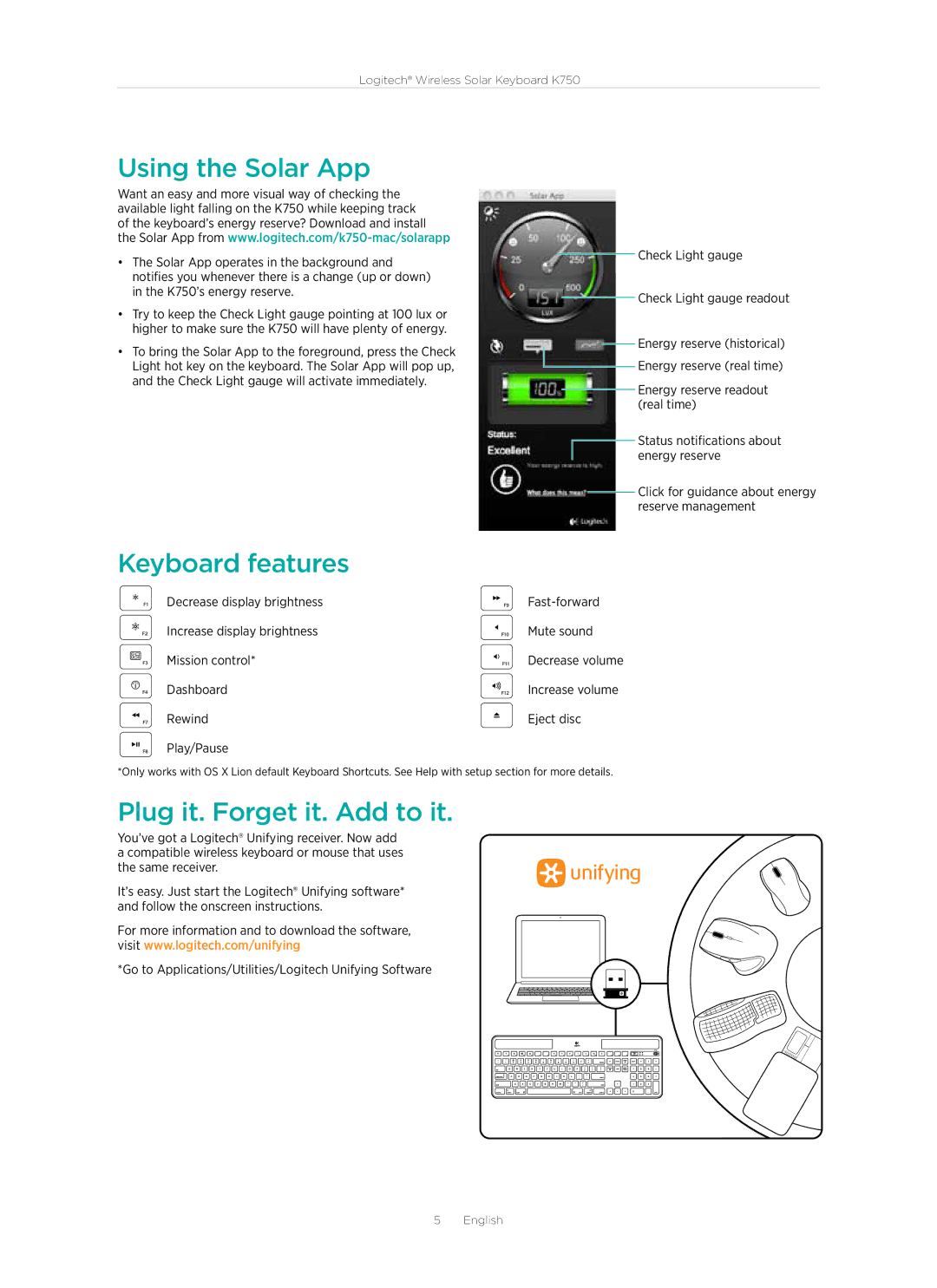 Logitech K750 manual Using the Solar App, Keyboard features, Plug it. Forget it. Add to it 