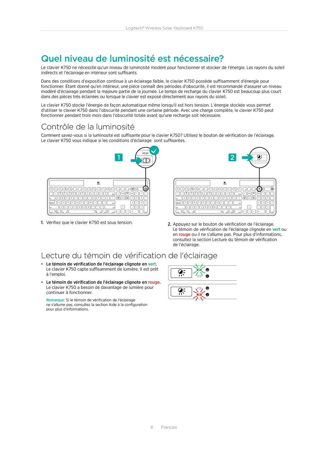 Logitech K750 manual Quel niveau de luminosité est nécessaire?, Contrôle de la luminosité, De léclairage 