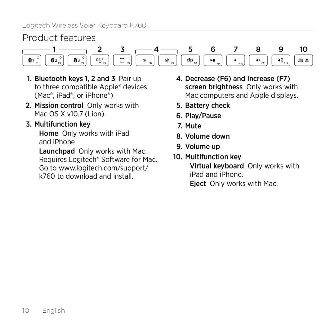 Logitech K760 manual Product features 