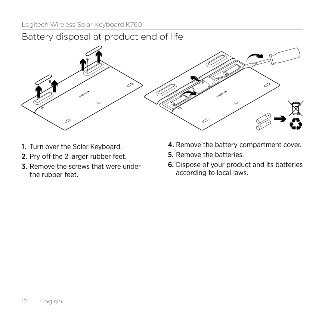 Logitech K760 manual Battery disposal at product end of life 