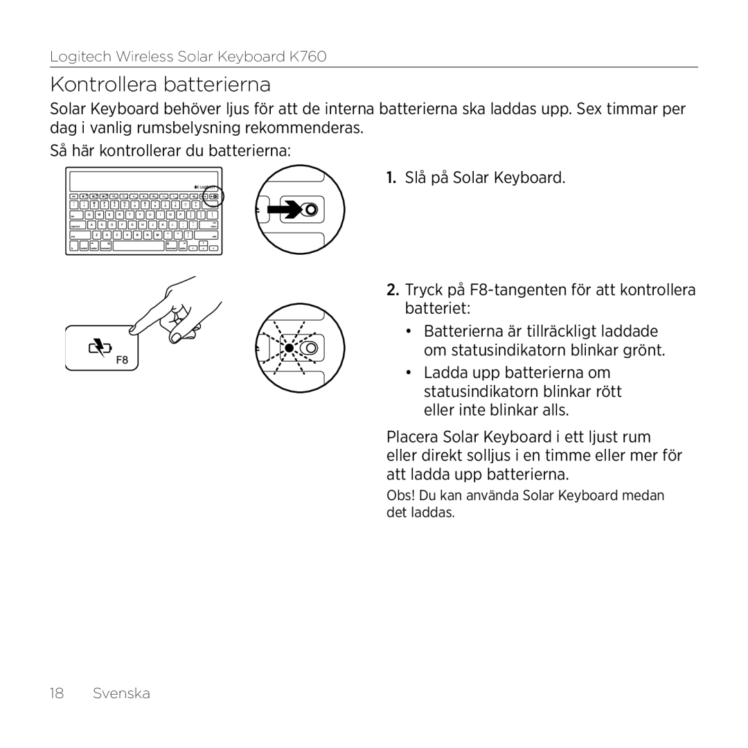 Logitech K760 manual Kontrollera batterierna 