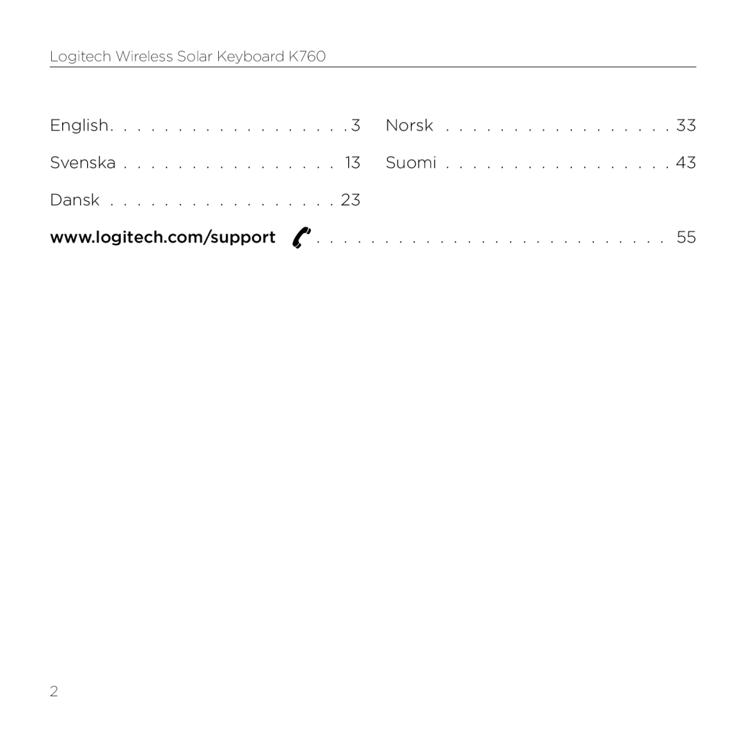 Logitech K760 manual English Norsk Svenska Suomi Dansk 