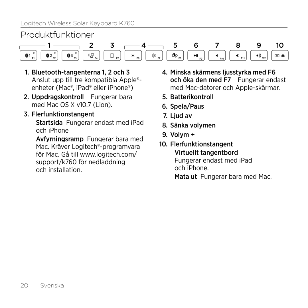 Logitech K760 manual Produktfunktioner 