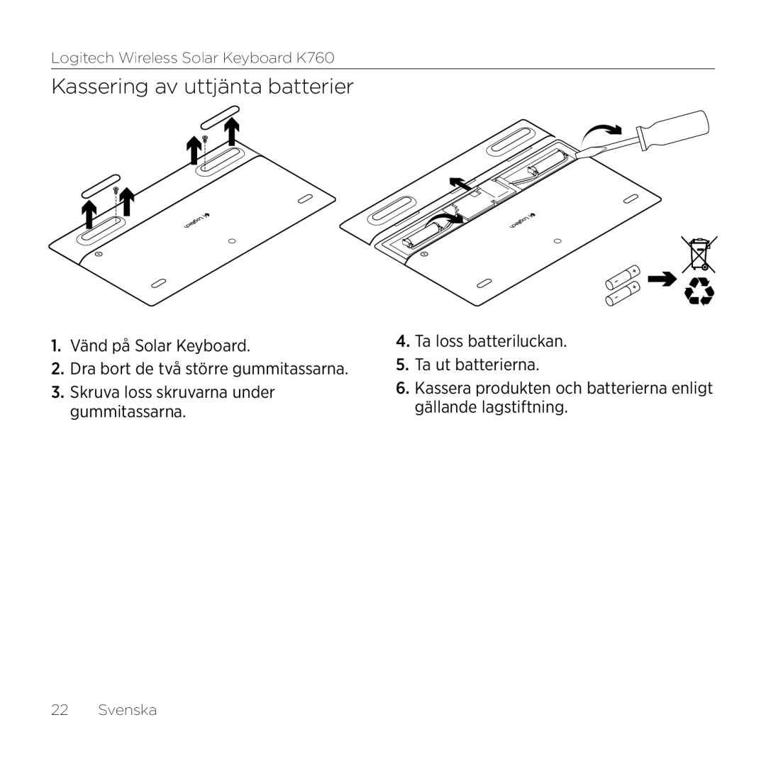 Logitech K760 manual Kassering av uttjänta batterier 