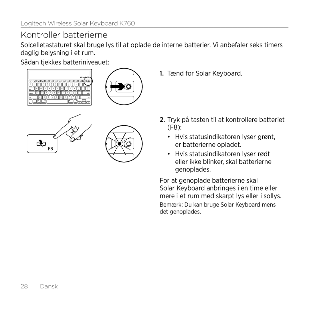 Logitech K760 manual Kontroller batterierne 