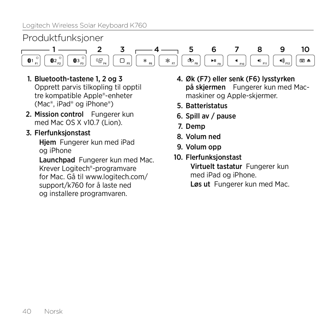 Logitech K760 manual Produktfunksjoner 