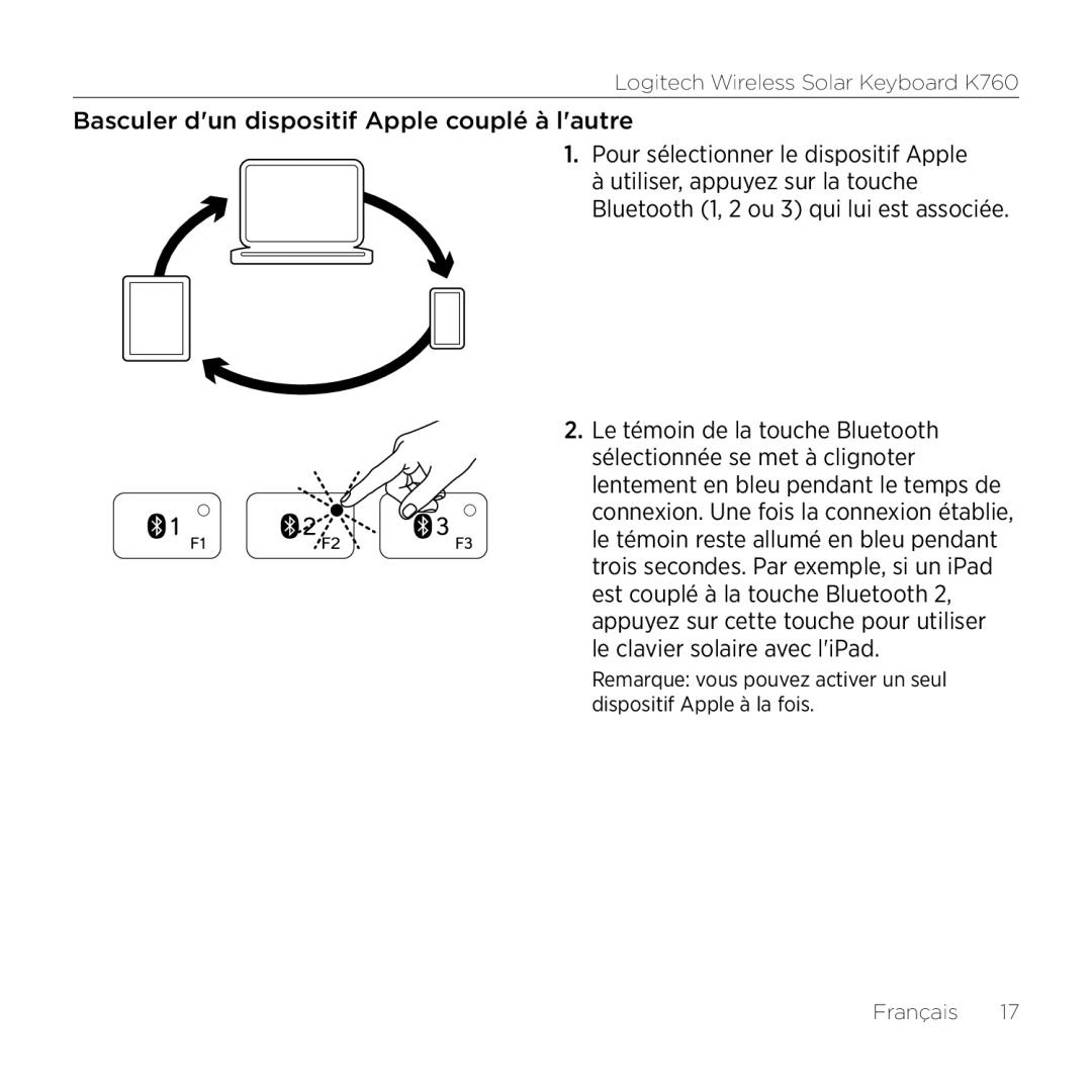 Logitech K760 manual Basculer dun dispositif Apple couplé à lautre 