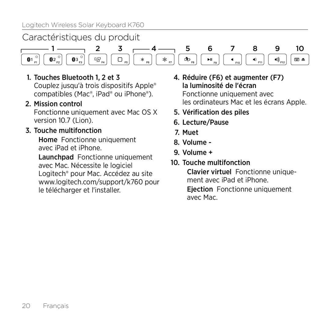 Logitech K760 manual Caractéristiques du produit 