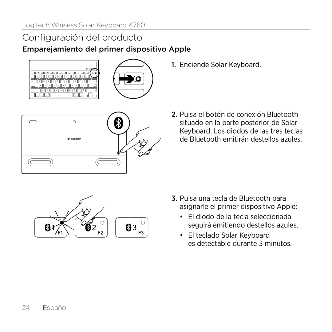 Logitech K760 manual Configuración del producto, El teclado Solar Keyboard Es detectable durante 3 minutos 