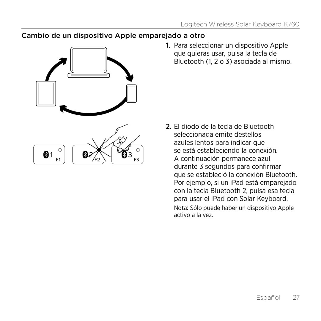 Logitech K760 manual Cambio de un dispositivo Apple emparejado a otro 