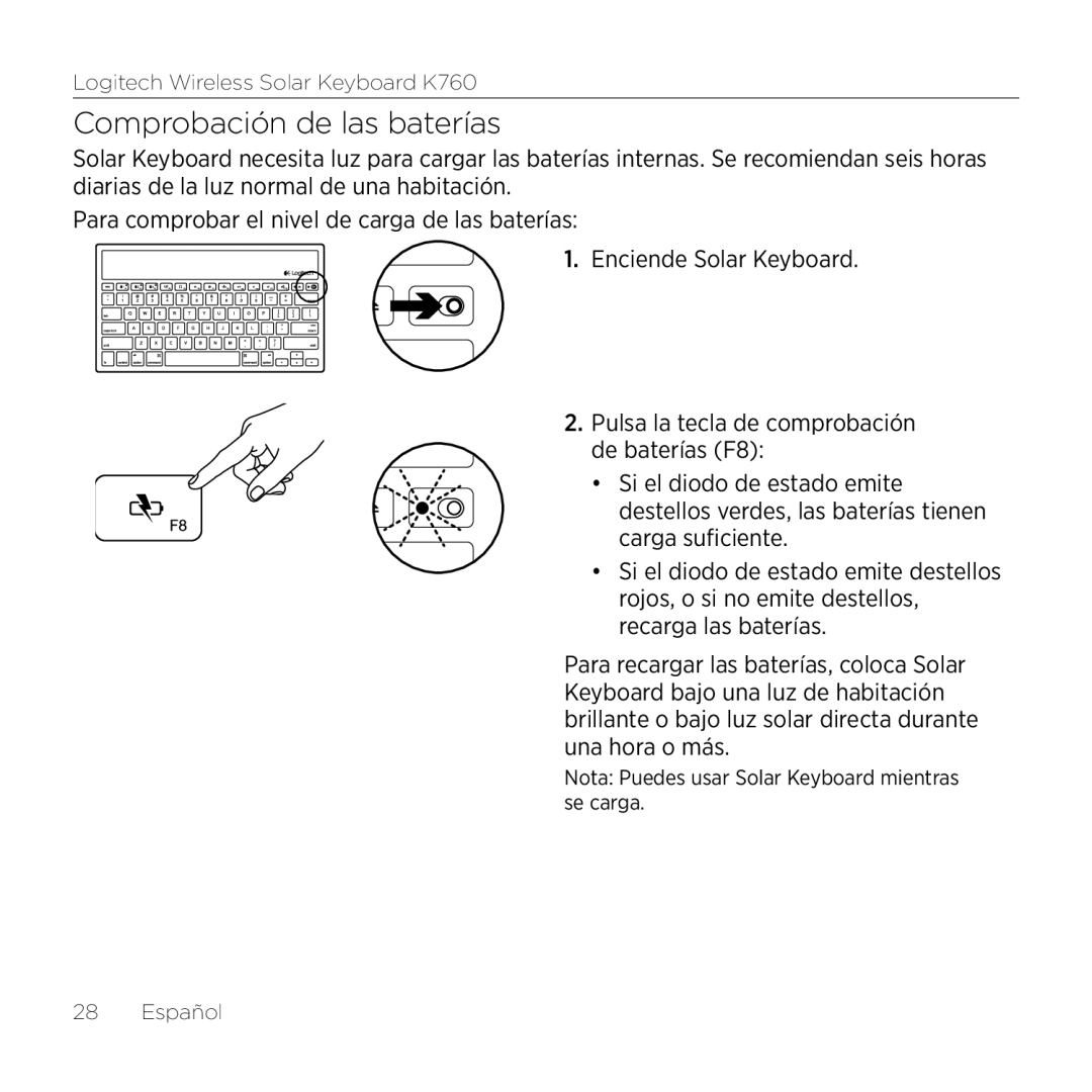 Logitech K760 manual Comprobación de las baterías 