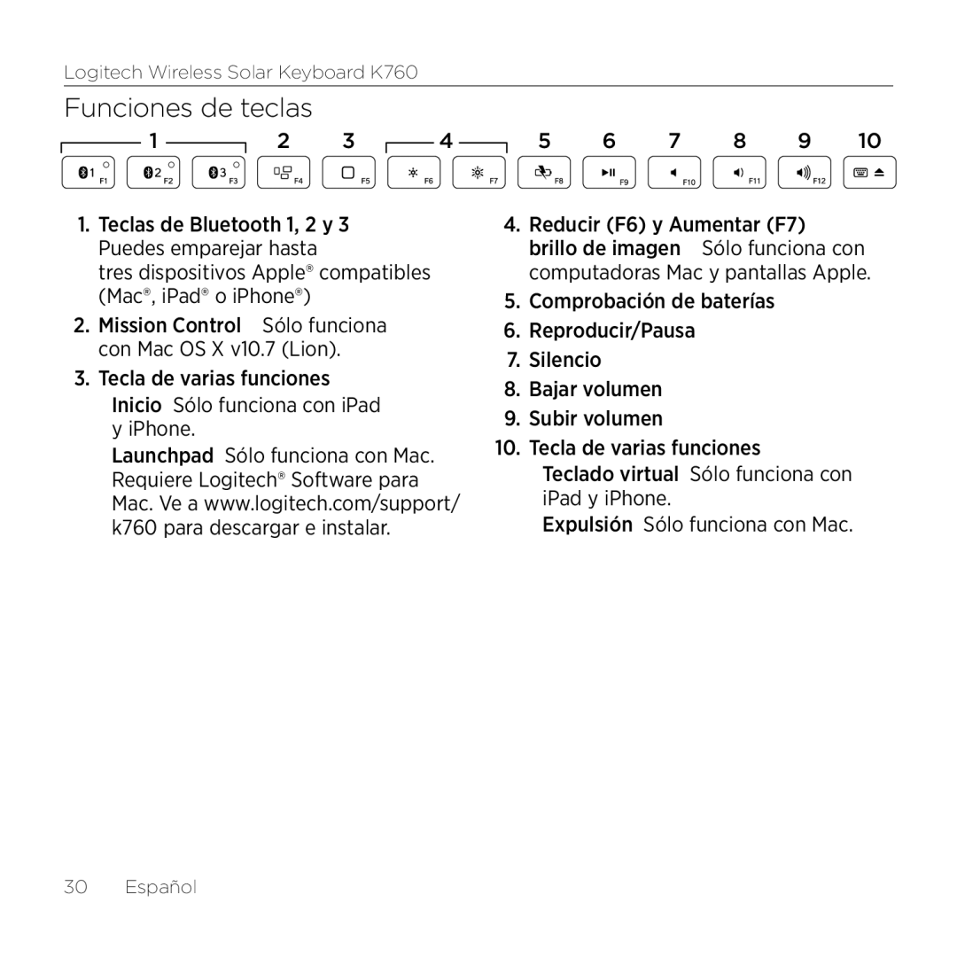 Logitech K760 manual Funciones de teclas, Teclas de Bluetooth 1, 2 y 3 Puedes emparejar hasta 