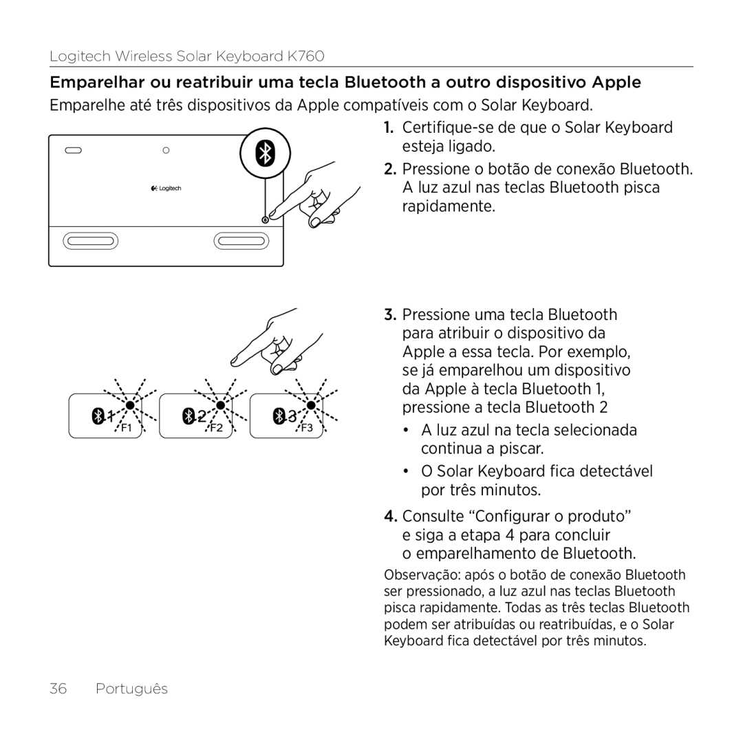 Logitech K760 manual Emparelhamento de Bluetooth 