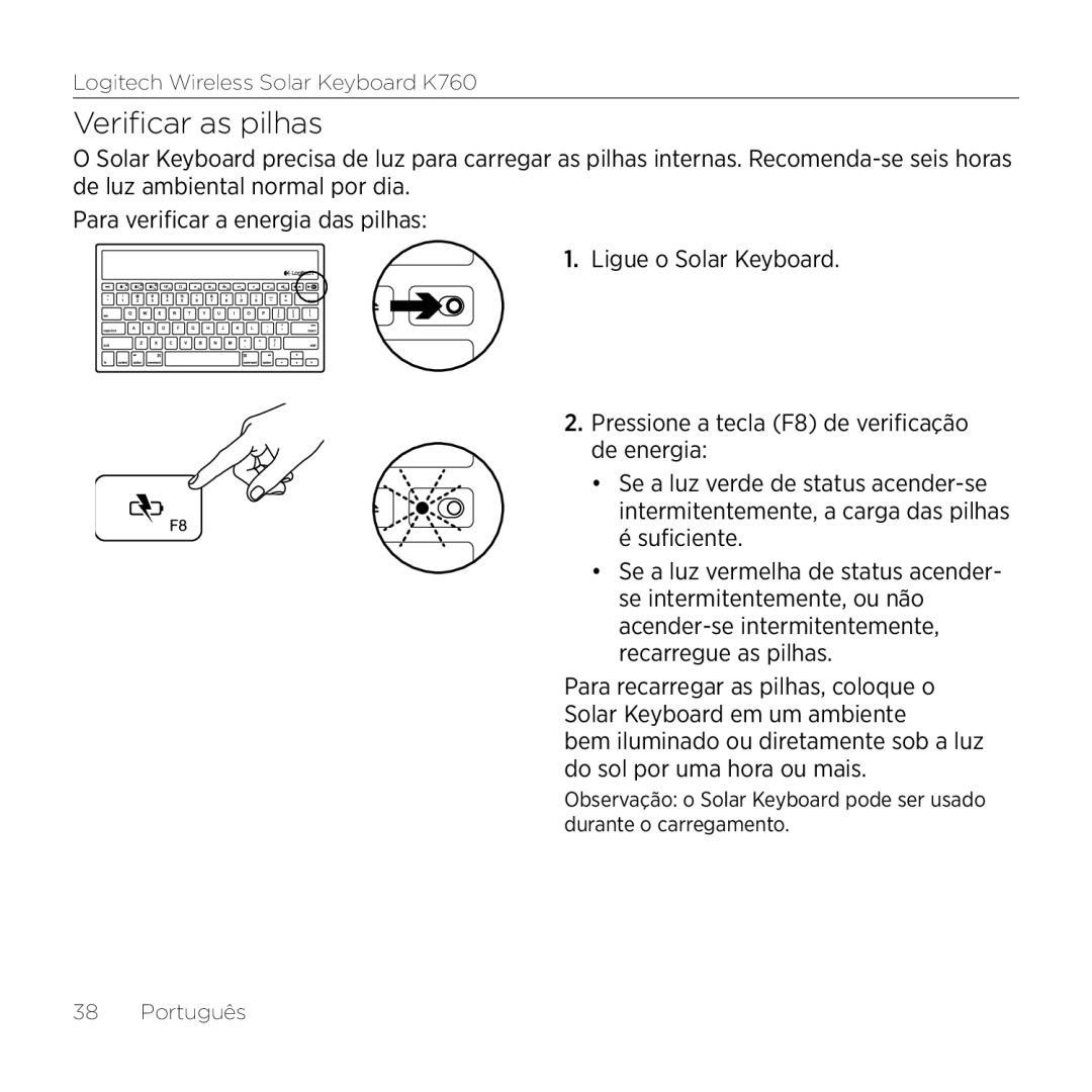 Logitech K760 manual Verificar as pilhas 