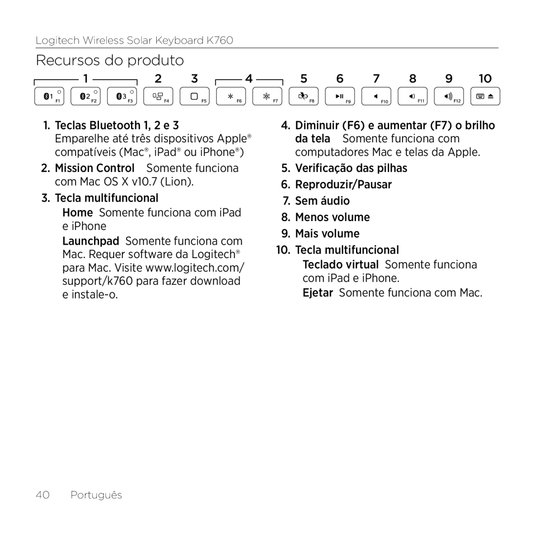 Logitech K760 manual Recursos do produto 