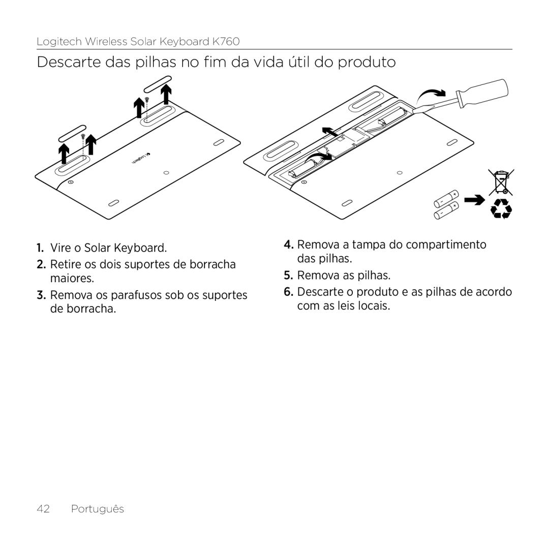 Logitech K760 manual Descarte das pilhas no fim da vida útil do produto 